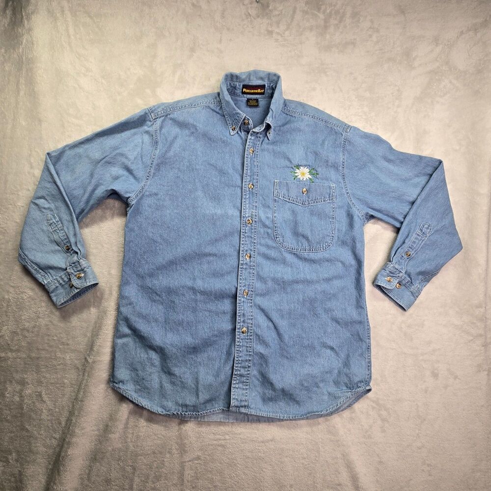 Peregrine Bay Shirt Small Blue Denim Button Up Embroidered Flower 100% Cotton